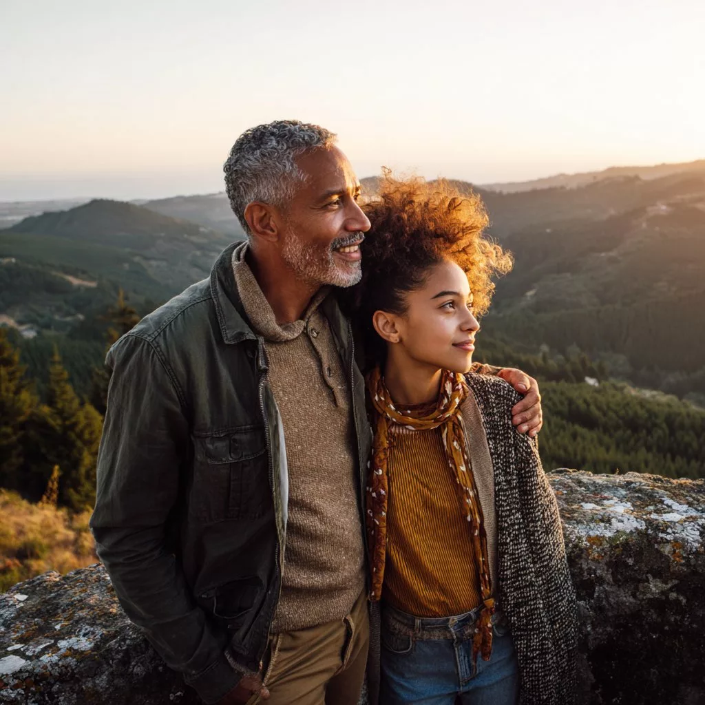 Parent and teen looking out over the Blue Ridge Mountains at sunset