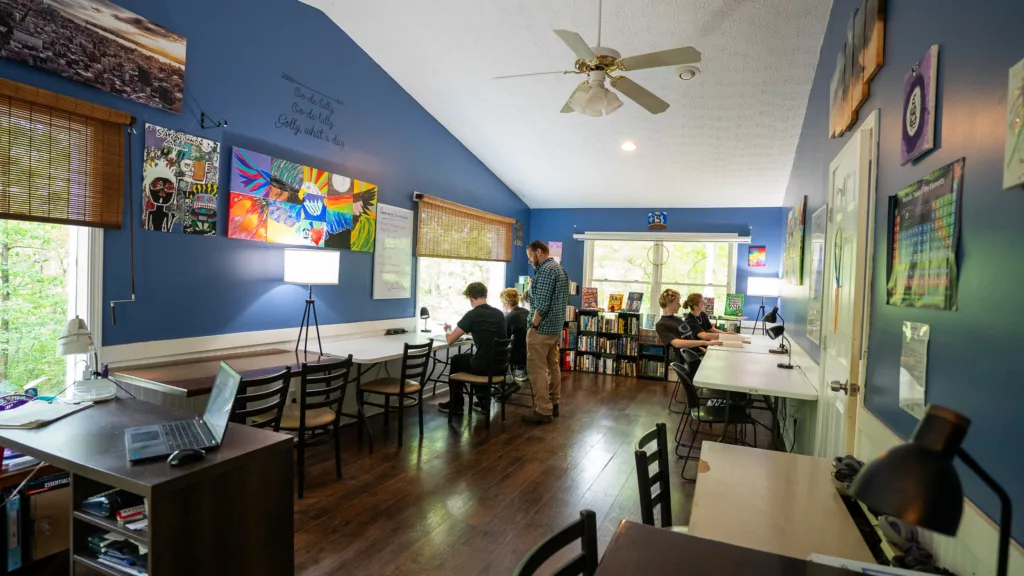 The blue common room lounge where clients relax in the evenings