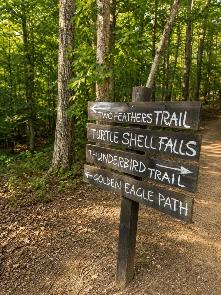 Wooded nature trail signpost at Eagle Overlook